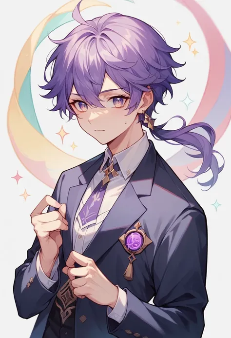 ((Best Quality)), ((pastel colours)), 1 girl, With a suit, PURPLE HAIR, genshin impact fondo
