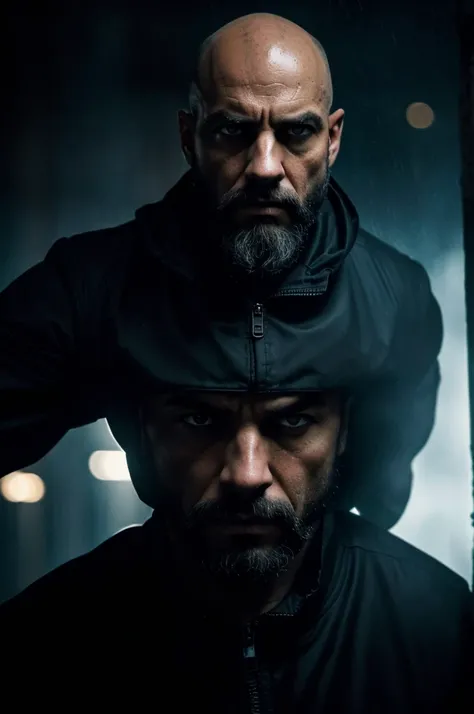 colbey:A bald man with a gun black scruffy beard:1.1) (intensely focused gaze, piercing eyes) (detailed facial features, defined nose and lips) (Threatening atmosphere) (dark shadows and dramatic lighting) (hight contrast:1.1) (gritty texture) (intense and...