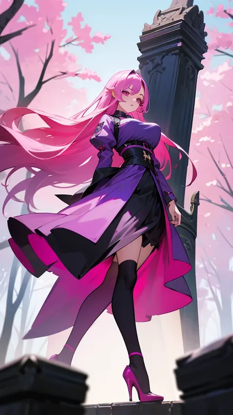 young girl, long straight hair to waist, pink hair color, purple eye color, breast size is very, Very big, death goddess outfit, long skirt, Long front skirt, Long socks up to the upper thigh., black socks, Wear high heels, in the park.