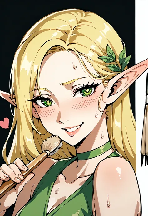 smudgy, traditional art, liu2, brush texture, score_9, score_8_up, score_7_up, score_6_up, pretty green elf woman with long blonde hair, horny face, desire, sweat, green eyes, closeup, attractive smile, (heart shape), thin summer dress, perfect slim body
