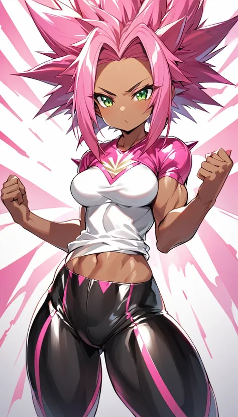 a girl, Saiyan, dark and strong super saiyan pink hair, spiky hair,  super saiyan pink, spiky, green eyes, defined muscles, thin waist, wide hips, dark skin, medium breasts, tight clothes, white t-shirt, black pants, pink rays around , black rays all aroun...