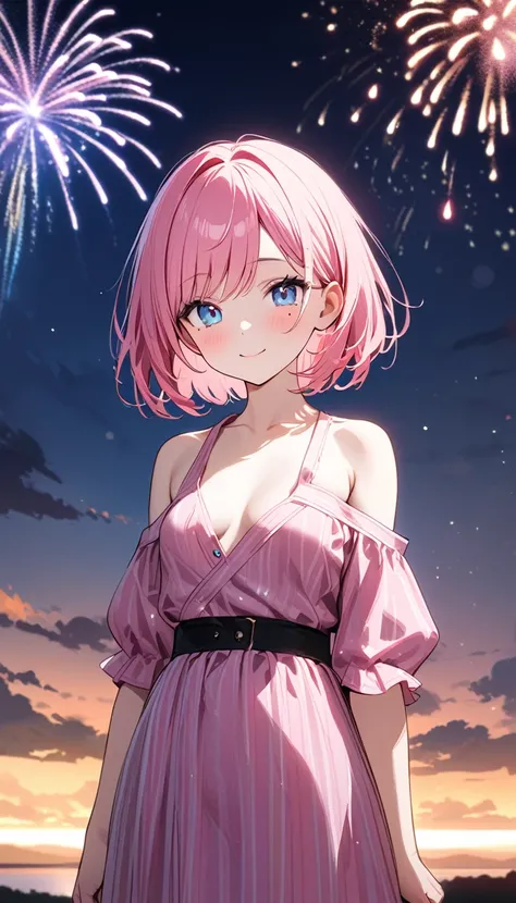 (1 girl),(Best Picture Quality, 8K, Masterpiece:1.3), (high school student:1.5), ((pink lob hair:1.1)), (bob cut),(swept bangs), (cute eyes, pupil black, iris skyblue, youthful face), (mole under right eye), (standard weight), (small breasts), (glistening ...