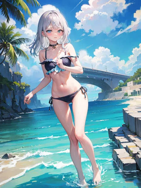 Random patterned swimsuit、Random patterned swimsuit,Swimsuit,Blushing、Medium semi-long hair、Silver Hair、pale blue eyes　、Head to toe full body、Blushing、Embarrassed look、Composition from the front、A view from slightly below、school swimwear、Acme Face、Random p...