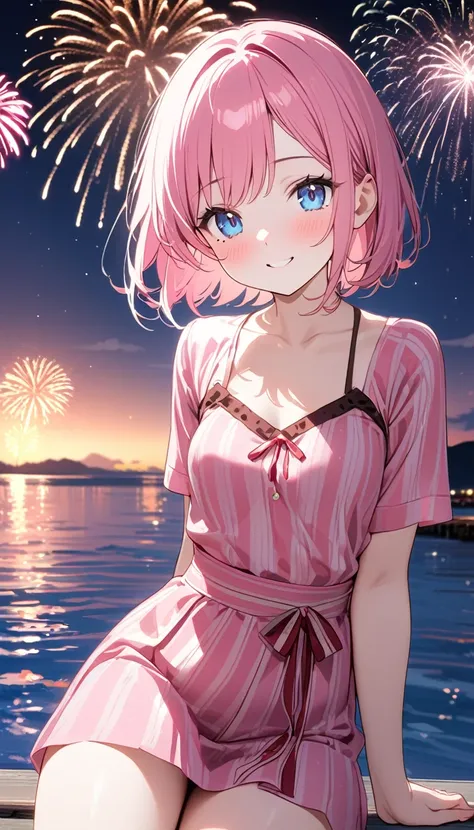 (1 girl),(Best Picture Quality, 8K, Masterpiece:1.3), (high school student:1.5), ((pink lob hair:1.1)), (bob cut),(swept bangs), (cute eyes, pupil black, iris skyblue, youthful face), (mole under right eye), (standard weight), (small breasts), (glistening ...