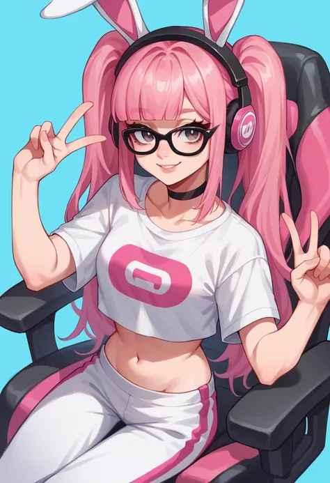 masterpiece, pink gamer headphones, white gamer headphones, perfect face, smile, vramslace, 1girl, solo, long hair, looking at v...