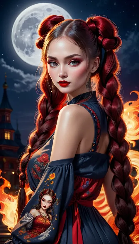 Goddess Russian, having very long pigtails hair,  tattoo,  patchwork clothes, , photorealistic theme , lovely face, perfect body, dark lips,  ,  red flaming,  WLOP,  breathtaking,  moonlight, moon night background, shadows,  reflections, flowing clothes 