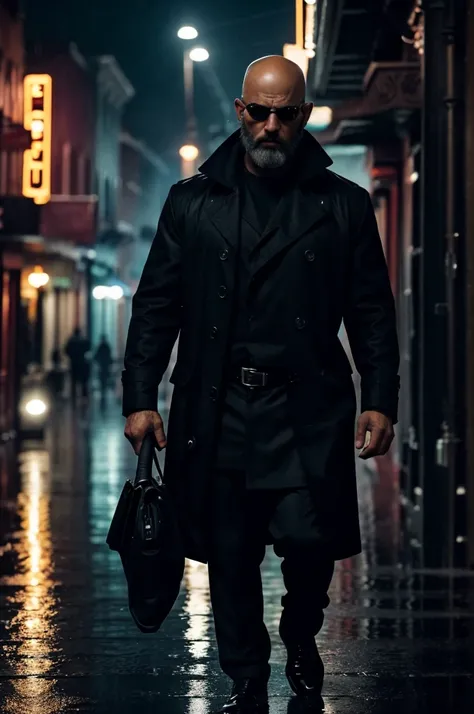 olbey:A bald man with a gun black scruffy beard:1.1) (intensely focused gaze, piercing eyes) (detailed facial features, defined nose and lips) (Threatening atmosphere) (dark shadows and dramatic lighting) (hight contrast:1.1) (gritty texture) (intense and ...