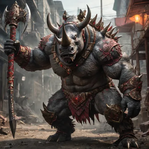 Giant monstrous two-headed rhino beast warrior,double big ax,spiked step,gigantic d&d-sized monstrosity,stark,Stately,huge ass,ferocious,terrifying,beastars,mythical,stark arms,Outgoing muscles,fierce expression,eerie glowing red eyes,fancy,creature,poised...