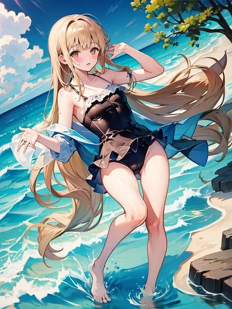 Random patterned swimsuit、,Random patterned swimsuit,Blushing、Semi-long hair、pale chestnut hair、Pale brown eyes、Head to toe full body、Blushing、Embarrassed look、Composition from the front、A view from slightly below、school swimwear、Acme Face、Random pose、, 、n...