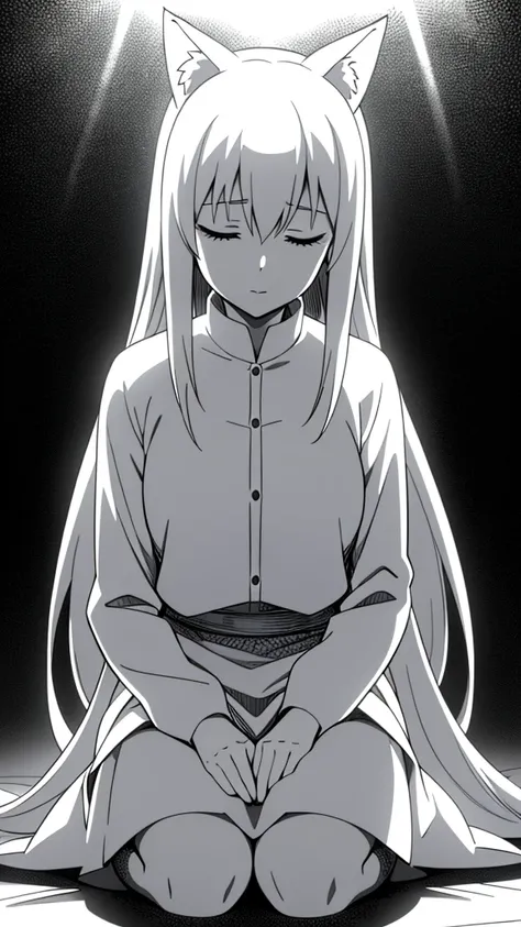 1girl ,solo,20s,mature female,white hair,long hair,fox ears,(simple background),white shirt,white skirt,Its_burned_out,its_completely_white,pose,greyscale,monochrome, sitting,closed eyes,looking down,comic,silent comic, sunlight,light rays,