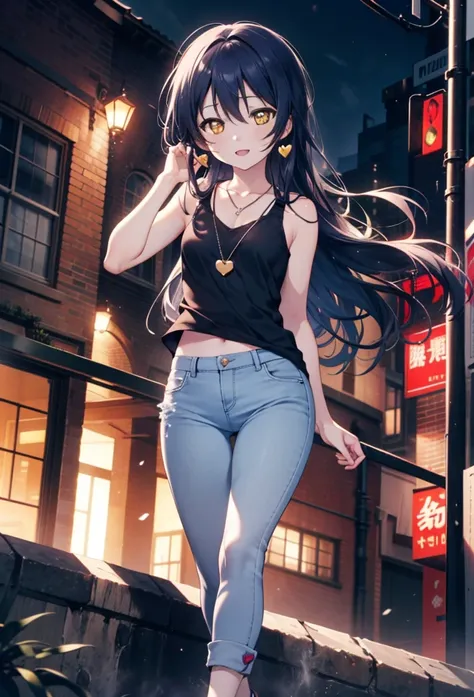 you like it, Umi Sonoda, Long Hair, Blue Hair, (Yellow Eyes:1.5) (Flat Chest:1.2),Blue Tank Top,Heart Necklace,Skinny jeans,Stiletto heels,happy smile, smile, Open your mouth,Walking,Daytime,Clear skies,whole bodyがイラストに入るように,
break outdoors, Building distr...