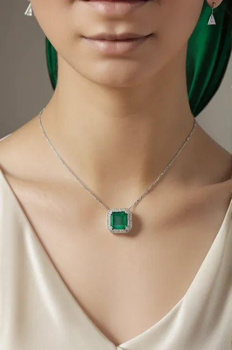 a white gold hoop adorned with a carved emerald that had, on each side, a perfect diamond