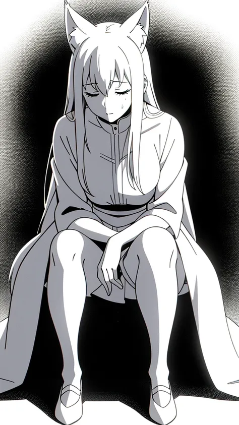 1girl ,solo,20s,mature female,white hair,long hair,fox ears,(white background),white shirt,white skirt,Its_burned_out,its_completely_white,pose,greyscale,monochrome, sitting,closed eyes,looking down,comic,silent comic, sunlight,light rays,