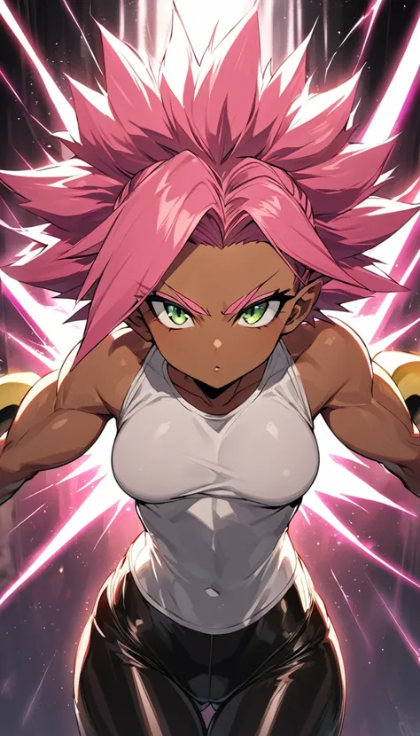 a girl, Saiyan, dark and strong super saiyan pink hair, spiky hair,  super saiyan, green eyes, defined muscles, thin waist, wide hips, dark skin, medium breasts, tight clothes, white t-shirt, black pants, pink rays around , black rays all around