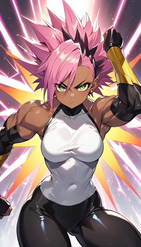 a girl, Saiyan, dark and strong super saiyan pink hair, spiky hair,  super saiyan, green eyes, defined muscles, thin waist, wide hips, dark skin, medium breasts, tight clothes, white t-shirt, black pants, pink rays around , black rays all around