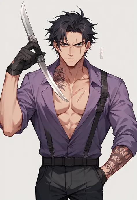 man, Thai and Japanese nature, one meter and six inches tall, semi-long black hair, eyes, black pupils, full of scars from knives and gunshots, and some tattoos, very formal black and purple clothing, and his hands, tactical gloves 