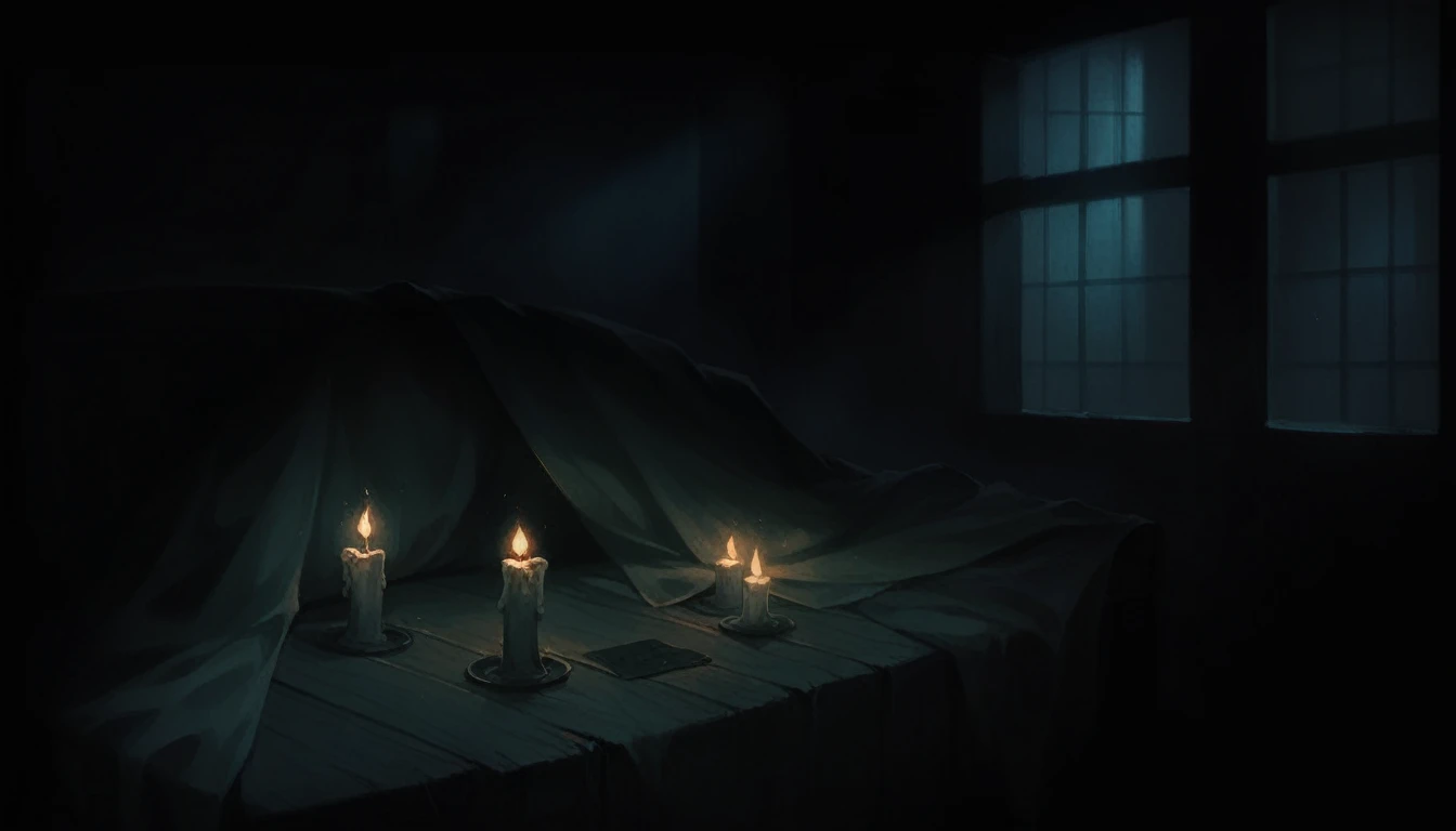 a detailed hyperrealistic interior of a dark room, chiaroscuro lighting, dramatic shadows, high contrast, intricate details, warm tones, wooden furniture, leather textures, candles, glowing embers, cinematic atmosphere, moody and mysterious