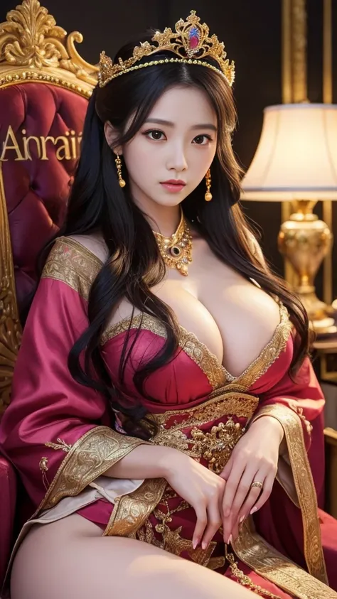 1 elegant japanese woman, beautiful detailed eyes, beautiful detailed lips, extremely detailed eyes and face, long eyelashes, intricate crown, luxurious pink dress, large ornate throne, holding a fan, long black hair, voluptuous figure, photorealistic, 8k,...