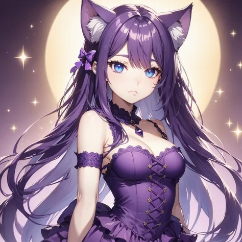 Long Hair, Breasts, 1girl, purple hair, blue eyes, sad eyes. Bangs, Cat Ears, Pout, Multiple Views, I