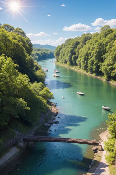 a beautiful river and a sunny sun 