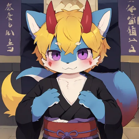 A male dragon have blue fur with 2 red horn on the head, yellow hair and purple eyes, wear kimono clothes Japanese style