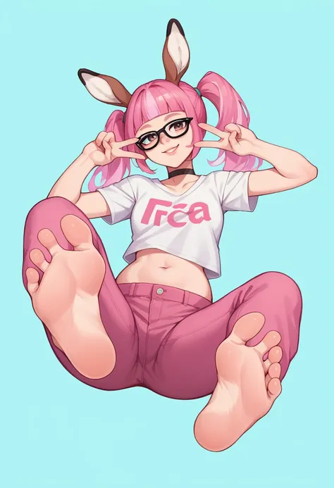 masterpiece, deer animal ears, foot focus, foot fetish, perfect face, smile, vramslace, 1girl, solo, long hair, looking at viewe...