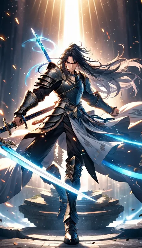 anime fantasy art style, a warrior with long hair, wearing stylish armor complete with black metal plates with white details, wielding two magic swords, the warrior positions himself to fight. Detailed design, high quality, dynamic light, cinematic BG