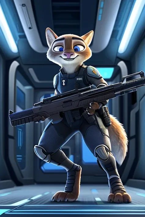 Emilia (Zootopia), Wolf, Gray Fur, (brown body:1.3), Blue eyes, Zootopia, dressed, wearing futuristic armor, using a Pulse Rifle, Energy Rifle, Futuristic assault rifle, women&#39;sandals,female breast,canine, wolf, detailed fur, Female, second, paw pads, ...