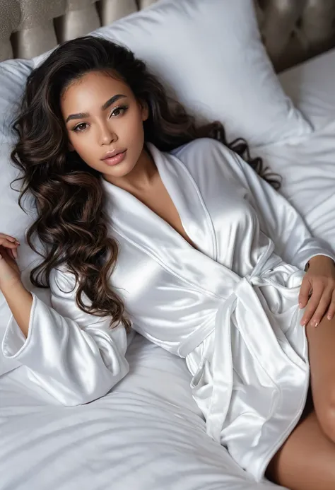 a beautiful mixed girl, long wavy hair, Hide his face ,Lying on your back, extremely detailed and sexy body, in a beautiful white bed , Pretty bathrobe in black satin, Lying in bed, best quality, 4k, 8k, highres, masterpiece:1.2, ultra-detailed, realistic,...