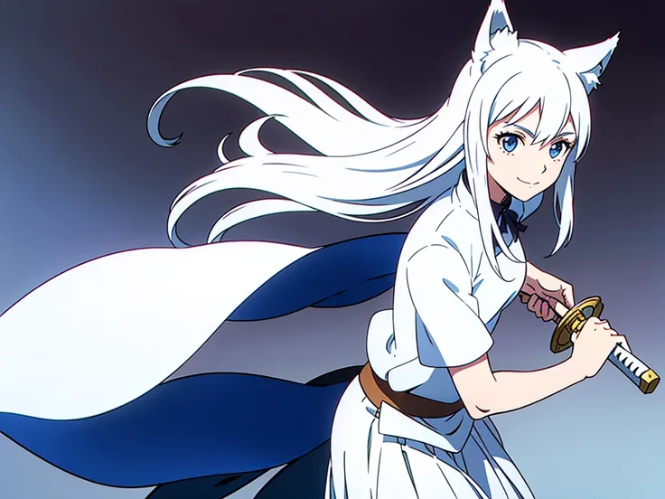 1girl ,solo,20s,mature female,white hair,long hair,fox ears,(simple background),white shirt,white skirt,smile,battoujutsu