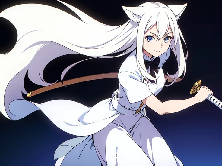 1girl ,solo,20s,mature female,white hair,long hair,fox ears,(simple background),white shirt,white skirt,smile,battoujutsu