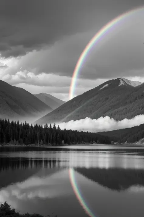 Monochrome rainbow over a lake  