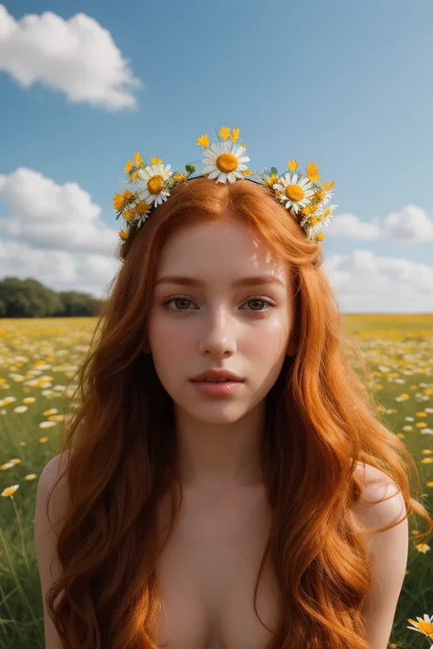 (girl:1.2),alone, (long curly ginger hair:1.1), Brown eyes, Wear a crown of daisies on your head., Sit in a field of daisies, (Fruit basquet:1.1), blue shorts, Red shirt,,RAW,photographic,photographic shadows,actual,ridiculous,aesthetic,elegant, having har...