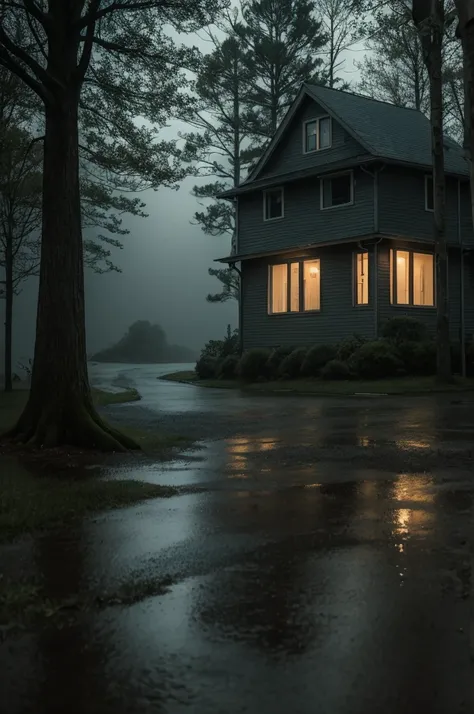 A gloomy house on a rainy night with scary trees moving