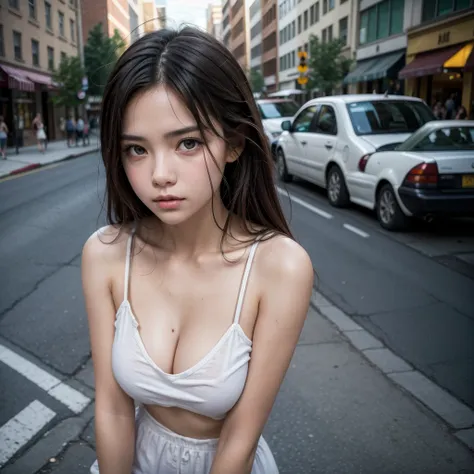 American beautiful woman standing on the street, dying of heat, looking at camera