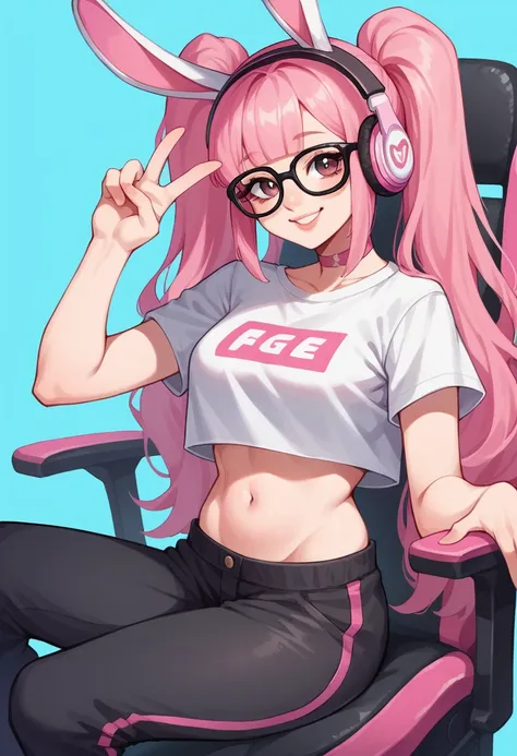 masterpiece, pink gamer headphones, white gamer headphones, perfect face, smile, vramslace, 1girl, solo, long hair, looking at v...