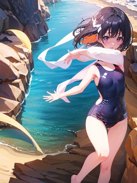 ランダムなポーズ、Random patterned swimsuit、Random patterned swimsuit,Swimsuit,Blushing、short hair、Black Hair、Pale purple eyes、Head to toe full body、Blushing、Embarrassed look、Composition from the front、A view from slightly below、school swimwear、Acme Face、Random pos...