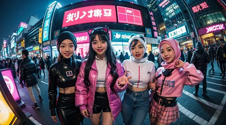 (3 cyberpunk malay girls in hijab wearing colorful Harajuku style pop outfit)), ((fisheye lens)), cowboy shot, wind, cyberpunk cityscape, (aesthetics and atmosphere:1.2), smiling, ((cinematic lighting))