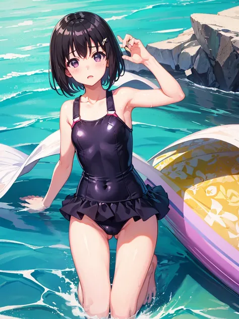 ランダムなポーズ、Random patterned swimsuit、Random patterned swimsuit,Swimsuit,Blushing、short hair、Black Hair、Pale purple eyes、Head to toe full body、Blushing、Embarrassed look、Composition from the front、A view from slightly below、school swimwear、Acme Face、Random pos...