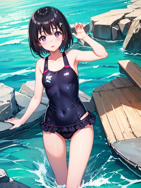 ランダムなポーズ、Random patterned swimsuit、Random patterned swimsuit,Swimsuit,Blushing、short hair、Black Hair、Pale purple eyes、Head to toe full body、Blushing、Embarrassed look、Composition from the front、A view from slightly below、school swimwear、Acme Face、Random pos...