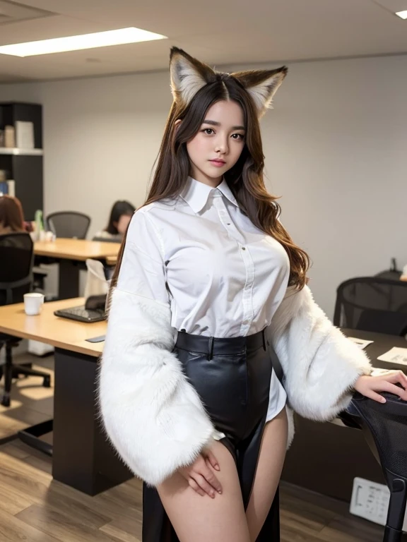 ((Highest quality)), ((masterpiece)), (Familiar), Perfect Face, fox lady, Pretty girl, Fox Ears, Fox tail, She has a northern fox tail, She wags her fluffy tail, She is a pretty office worker., Beautiful hip line, Thick thighs, One big tail, The tail is st...