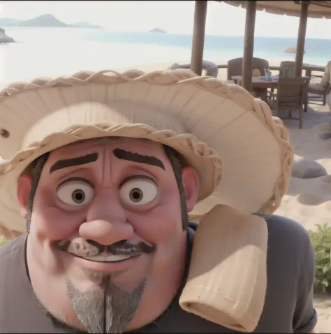 fat man, straw hat, sea, mountains, beard, teeth, dark circles, eyebrows together
