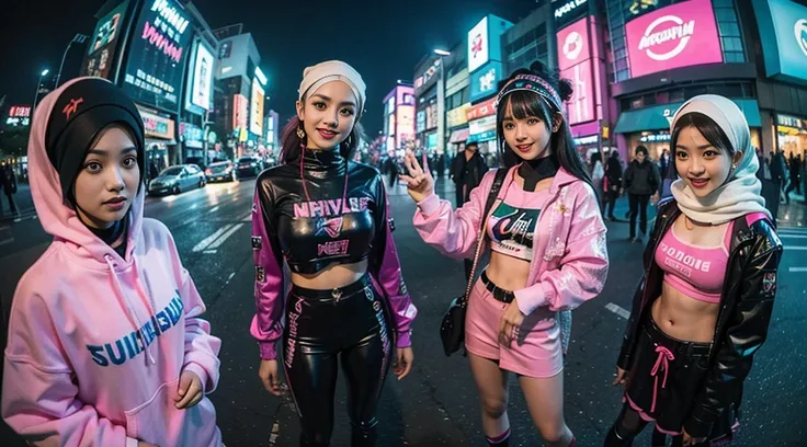 (( three cyberpunk malay girls in hijab wearing colorful Harajuku style pop outfit)), ((fisheye lens)), cowboy shot, wind, cyberpunk cityscape, (aesthetics and atmosphere:1.2), smiling, ((cinematic lighting))