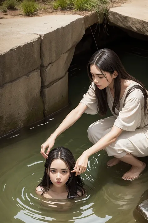 Biblical man Jesus Christ, woman leaning into the well to draw water large sandy environment outdoors green surroundings