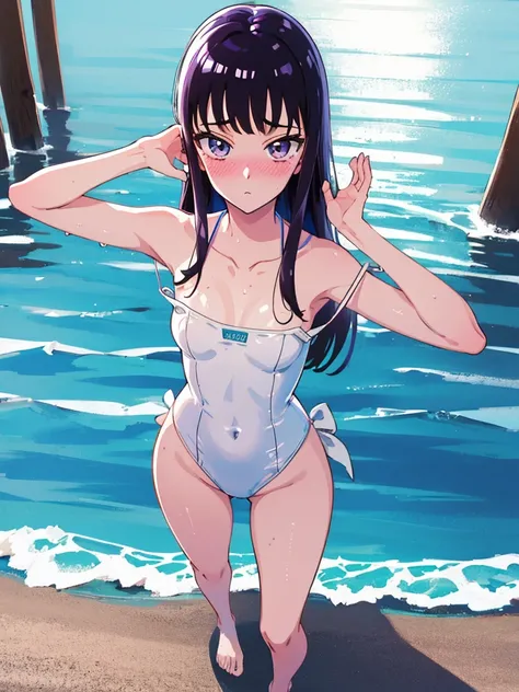 Random patterned swimsuit、Swimsuit,,Blushing、Pale brown eyes、Dark purple hair、Semi-long hair、Head to toe full body、Blushing、Embarrassed look、Composition from the front、A view from slightly below、school swimwear、Acme Face、Random pose、, 、nsfw、Highest quality...