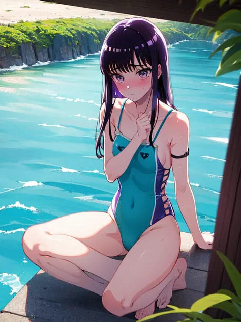 Random patterned swimsuit、Swimsuit,,Blushing、Pale brown eyes、Dark purple hair、Semi-long hair、Head to toe full body、Blushing、Embarrassed look、Composition from the front、A view from slightly below、school swimwear、Acme Face、Random pose、, 、nsfw、Highest quality...