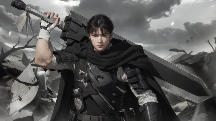 man, short black hair, blind right eye, black armor, big sword