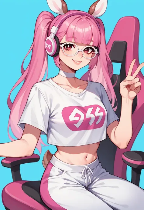 masterpiece, pink gamer headphones, white gamer headphones, perfect face, smile, vramslace, 1girl, solo, long hair, looking at v...