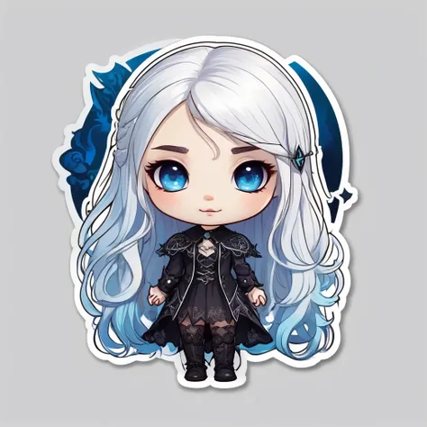 a sticker，girl with white hair, light skin, blue colored eyes, long hair, evilness, magie, drawing image, simple background, Cute cartoon, Gothic style, chibi style, highy detailed, highest quallity, high details, work of art, black leagwear