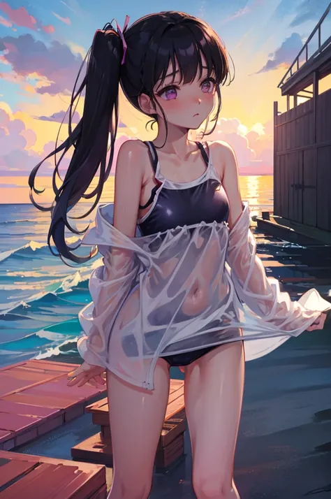 Random Swimsuit、Swimsuit,,Blushing、Black Hair、Side Ponytail、Pale purple eyes、Head to toe full body、Blushing、Embarrassed look、Composition from the front、A view from slightly below、school swimwear、Acme Face、Random pose、, 、nsfw、Highest quality、1 girl、solo、Oce...